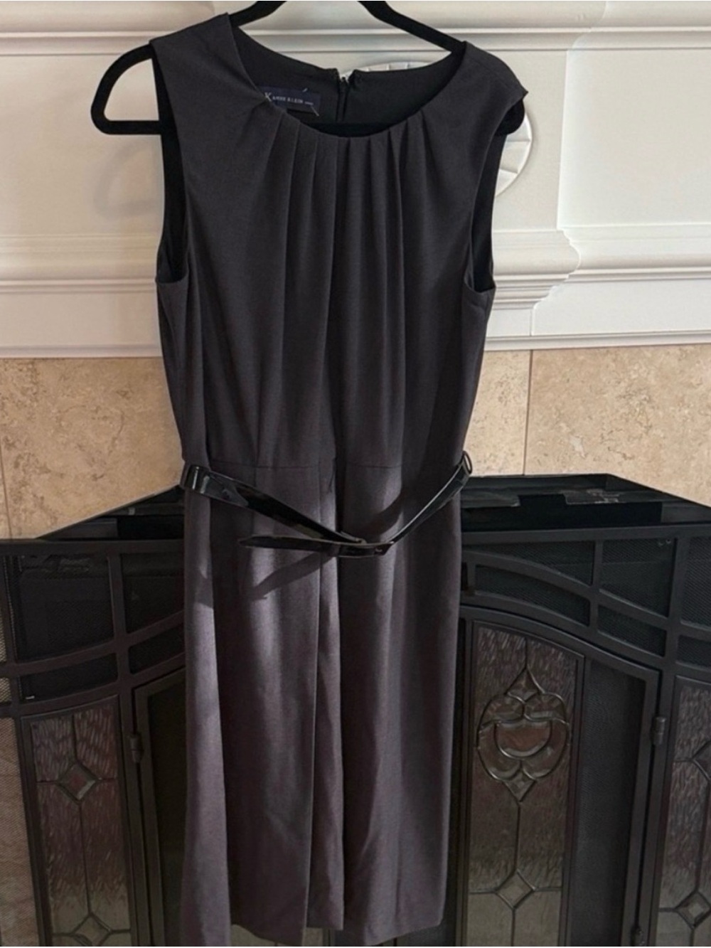 Anne Klein Charcoal Gray Pleated Neck Belted Sheath Dress 10